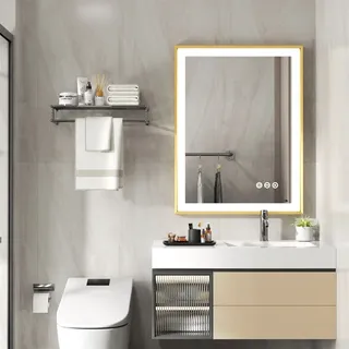 WISFOR LED Badspiegel mit goldenem Aluminiumrahmen 60 x 80 cm, Wandspiegel mit Touch Schalter, Anti-Fog dimmbar für Badezimmer Schlafzimmer Make-Up, 3 - Gold
