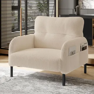 MODFU Relaxsessel Posterstuhl mit praktische Seitentasche,Loungesessel Einsitzer mit Armlehnen,aus Cord,Beige - Beige