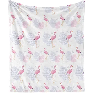 ABAKUHAUS hawaiisch Weich Flanell Fleece Decke, Tropische Muster Bild von Continuous Flamingos und Blätter Kunst, 175 x 230 cm, Weiß Pastell Lila und rosa - Weiß