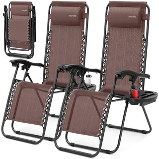 SereneLife Sonnenliege Klappbar 2er Set, Zero Gravity Liegestuhl Garten, bis 120 kg Braun, Verstellbar und Wetterfest, mit Tisch Getränkehalter und Kopfkissen, für Balkon Terrasse Camping Strand Relax