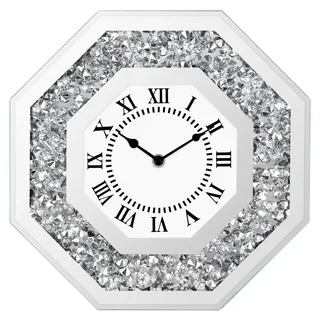 Wanduhren Modern Wohnzimmer Glitzer Wanduhr ohne Tickgeräusche Silber Luxus Diamant Wanduhr Oktagon 30 cm Glitzer Kristall-Uhr mit Stillem Quartzwerk Bling Bling Kristall Deko Uhr (Achteck)