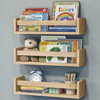 NATURE SUPPLIES Bücherregal Kinder, 3er-Set, Regal Kinderzimmer, Wandregal Kinderzimmer, ideal für Bücher und Spielzeug, Montessori Regal | Naturholz