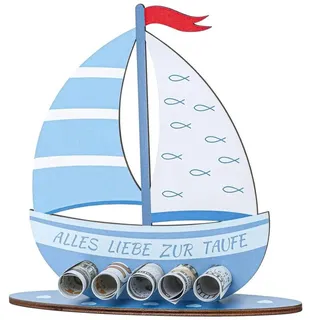 Taufgeschenke Jungen, Blau Geschenke zur Taufe Holz Boot mit Basis, Geburt Taufe Geldgeschenk, Taufen Geschenk für Junge und Mädchen