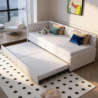 Ausziehbares Schlafsofa 90x200 cm, Schlafcouch mit Stauraum-Schubladen & kuscheligem Samt Velours, Tagesbett zum Ausziehen mit Lattenrost, Modernes Gästebett, Ohne Matratze - Beige, Grau