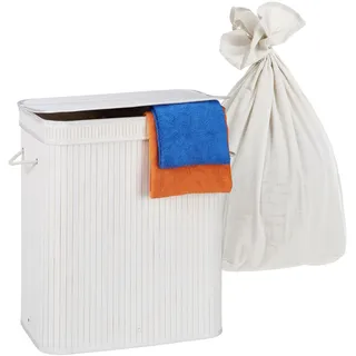 Relaxdays Wäschekorb mit Deckel, 2 Fächer, Bambus, 100 l, faltbar, HxBxT: 60 x 52 x 32 cm, Wäsche Sortiersystem, weiß