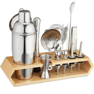 Relaxdays Cocktail Set, 16-TLG. Barset mit Ständer, Shaker, Barmaß, Barlöffel, Zange, Edelstahl & Bambus, Silber/Natur