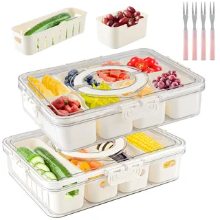 IHKFILAN Snackbox mit 12 fächern, 2 Set Snackteller mit Deckel und Griff, mit 4 Gabeln, Snackschale Kinder, Snackdose Organizer für Süßigkeiten Nüsse Obst Gewürze, Tragbare und vielseitige Snackle Box
