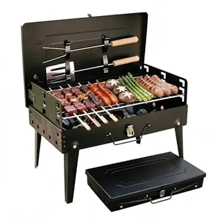 Zusammenklappbarer Holzkohlegrill im Kofferformat, tragbarer kleiner Tischgrill mit Grillrost und Zubehör, kompakter Edelstahlgrill für zu Hause, Camping und Picknicks