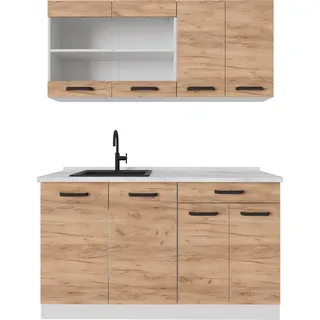 Vicco Singleküche R-Line, 140 cm AP Marmor, Goldkraft Eiche/Weiß/Weiß