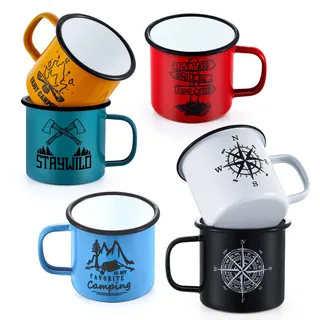 Emaille Tasse 6er-Set, Joyfair 455 ml Bunte Kaffeetassen - Blau/Rot/Grün/Gelb/Schwarz/Weiß, Trinkbecher Teetasse für Camping, Daheim, Büro, Tragbar & Mehrweg, Doppelseitiges Muster & Einfach Reinigung