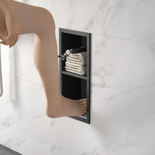 Duschablage Wandnische Edelstahl matt schwarz 31 cm x 12 cm - für Badezimmereinrichtung mit Fußstütze - einfach zu montieren - inklusive Ablage - modernes Design
