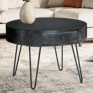 FineBuy Couchtisch Mango Massivholz Schwarz rund Ø 60 cm – Wohnzimmertisch mit Schublade & Hairpin Beinen | Retro Design Holztisch handgefertigt - Schwarz