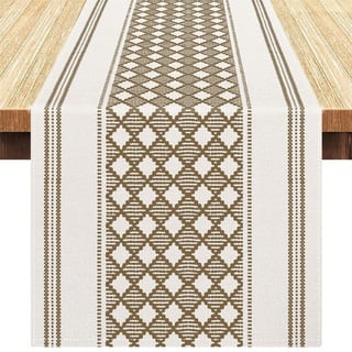 Tischläufer Modern Bauernhaus Boho Tischläufer Leinen Tischläufer Vintage Rustikale Tischdekoration Geometrisch Karo Muster für Küche Esszimmer Hochzeit Party Zuhause Dekoration 40x140cm, Braun