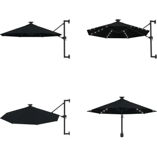 vidaXL Sonnenschirm Wandmontage mit LEDs und Metallmast 300 cm Schwarz - Sonnenschirm - Sonnenschirme - Gartenschirm - Gartenschirme - Schwarz