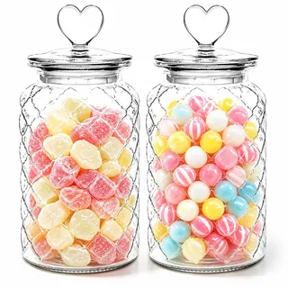 HomeyHoney Deko Glas mit Herzförmig Deckel, Candy Bar Gläser 2er Set | Runde Vorratsgläser mit Niedlich Deckel Küche als Spaßglas, Bonbonglas für Süßigkeiten, Kaffee, Kekse, 1300 ml, Gitter Textur