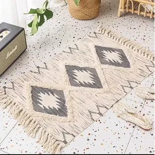 JaeMoose Baumwolle Teppich Getuftet Baumwollteppich Waschbar mit Quasten, gewebter geometrischer Shag-Überwurf, Boho-Bereichsteppich (Grau, 60 x 90 cm)