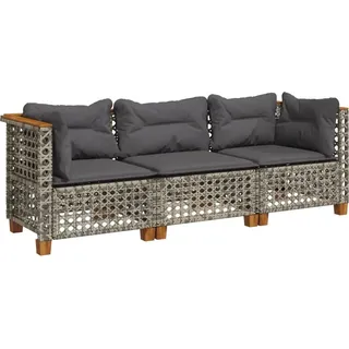 vidaXL Gartensofa mit Kissen 3-Sitzer Grau Poly Rattan - Grau