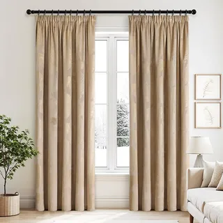MIULEE Samtvorhäng Kräuselband mit Blattgolddruck Verdunklungsvorhänge Samt Gardinen Blickdicht Abdunklungsvorhang Thermovorhang Wohnzimmer Schlafzimmer 2er Set, 140 x 245 cm, Beige