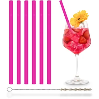 HALM Pinke Glasstrohhalme 6x 20 cm in Neon Pink Kinder oder Party + plastikfreie Reinigungsbürste - Spülmaschinenfest & Nachhaltig - Bunte Strohhalme aus Glas