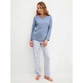 Schlafanzug CALIDA "Striped Dreams", Damen, Gr. S (40/42), blau (aura blau), Interlock, Obermaterial: 100% Baumwolle, bequem lang, Rundhals, Homewear-Sets Schlafanzug, aus weicher Interlock-Qualität, mit langen Ärmeln, Hose gestreift