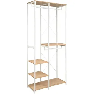 Bukkitbow - Doppel-Kleiderständer / Garderobe - mit 3 Kleiderbügeln und 3 Regalen - 90x40x204,5 cm - Weiß mit hellen Eichenholz - Weiß