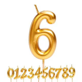 dekora - Geburtstagskerzen Zahlen Gold, (Zahl 6) 7,5 cm für Kuchen und Torte, Kuchenkerzen Geburtstag, Hochzeit, Jubiläum und Feiern, Tortendeko