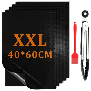 Grillmatte 40x60cm 5er Set mit Grillrost und Ölpinsel, Antihaft Wiederverwendbar Hitzebeständig Spülmaschinenfest, BBQ Zubehör für Gasgrill Holzkohlegrill Elektrogrill Camping