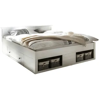 furn.design Bett, weiß Metall, Nachbildung,Pinie, Uni, 2 Schubladen, 180x200 cm, Schlafzimmer, Betten