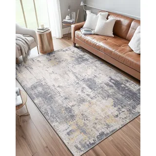 DEFYNEE Abstraktes Teppich Wohnzimmer 180x270 cm, rutschfest, Kurzflor aus Kunstwolle, waschbar, minimalistisch, Bettvorleger für Wohnzimmer, Schlafzimmer & Büro, Grau-Gelb