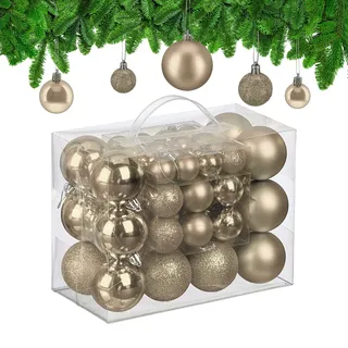 Relaxdays Weihnachtskugeln, 50er Set, Kunststoff, glitzernde, Matte, glänzende Baumkugeln, Christbaumschmuck, Champagner