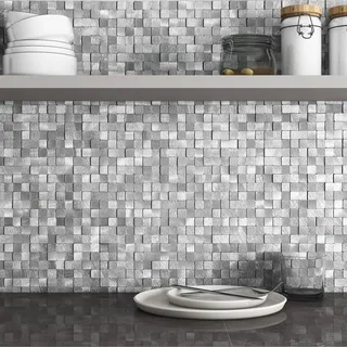 BeNice 3d Quadratische Selbstklebende Mosaikfliesen Fliesenaufkleber für Metall Wandpaneel Klebefliesen für Küchenwände(8 Blatt,Silber)