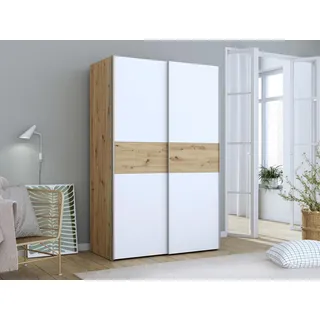 Forte OZZULA Schrank 120, Kleiderschrank, Schwebetürenschrank, Schlafzimmerschrank Skandinavisch 2-türig Einlegeböden Kleiderstange, Weiß/Artisan Eiche, 120 cm breit x 190.5 cm hoch x 61 cm tief