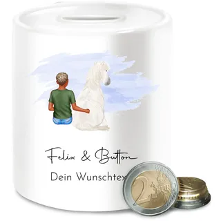 Spardose - Pferde - Pferd und Reiter mit Namen personalisiert I Reiter Geschenk Pferdejunge - Unisize - Weiß - Name Geschenke für reiterinnen pferden Mensch sparbüchse pferdespardosen pferdemotiv