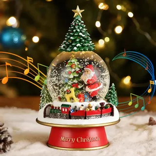 Lewondr Weihnachts-Schneekugel mit Musik und Licht, Zug und Weihnachtsmann Elektrische Schneekugel mit Wirbelnden Schneeflocken & 8 Lieder, Batterie & USB Betriebene Weihnachts-Wasserkugel