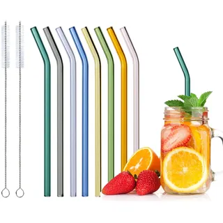 Wiederverwendbare Glas Strohhalme - 8 Bunte Trinkhalme Mit 2 Reinigungsbürsten für Cocktail Gläser, Smoothie und Säfte - Spülmaschinenfest