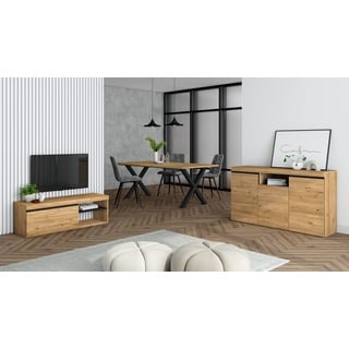 Skraut Home - Wohnzimmermöbel-Set | Tisch 200 X-Beine 10 Personen | Lowboard 120 | Sideboard/Buffetschrank 140 | Eiche und Schwarz | Industrieller Still