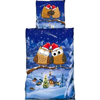 Fleece Bettwäsche Weihnachtsmotiv mit Eulen 135x200 cm Deckenbezug, 80x80 cm Kissenbezug