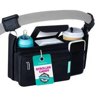 Swanoo Rutschfester Kinderwagen-Organizer mit Becherhaltern, Exklusivschlaufen-Griffbügel. Universale Passform Kinderwagenzubehör Caddy Elternkonsole