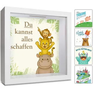 GLÜCKSWOLKE - Spardose Kinder I Dschungel-Tiere Motive I Geldgeschenke Verpackung I Sparschwein groß I 3D Objektrahmen zum Befüllen I Sparkasse Sparbüchse als Geld Geschenk für Junge & Mädchen