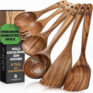 Kochlöffel Holz Set 6-teilig aus Teakholz mit Pfannenwender, Holzlöffel | Robuste, hitzebeständige Küchenutensilien; schonend zu Antihaftbeschichtungen und Kochgeschirr, leicht zu reinigen