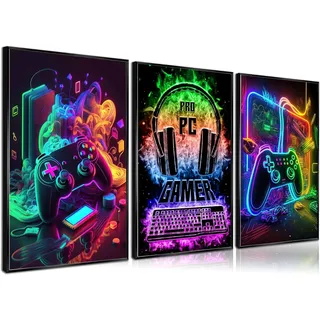 NBYARTQ Coole Gaming-Wandkunst, Retro-Videospieler, Aquarell-Poster, Bilder, buntes Neon-Gamepad, Leinwandgemälde, Drucke für Jungenzimmer, Kinderzimmer, Spielzimmer, Schlafzimmer, für Jungen,