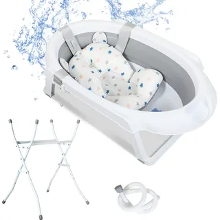 Babybadewanne mit Gestell 85cm - Baby Badewanne Faltbar mit Badekissen - Babywanne mit Ständer Sicher für Ihr Baby - Babybadewanne Neugeborene - Grau