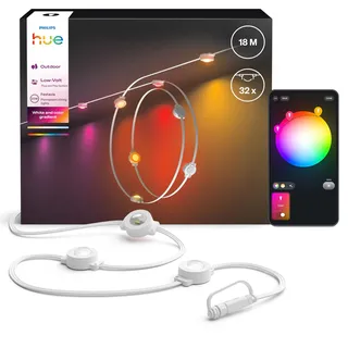 Philips Hue Festavia Permanent Außen-Lichterkette, 18m, 32 Lichter, Weiß | White und Color Ambiance, 55 lm je Licht, Smarte Außenbeleuchtung, Wetterfest, Wasserfest, Dimmbar, App- und Sprachsteuerung