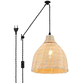 B·LED BARCELONA LED BarcelonaLED Hängeleuchte aus Bambusgeflecht mit Kabel, Wandsteckdose, Vintage, Riemenscheibe, Holz, Rattan, Lampenschirm Ø 26 cm, E27-Fassung für Wohnzimmer, Esszimmer, Küche