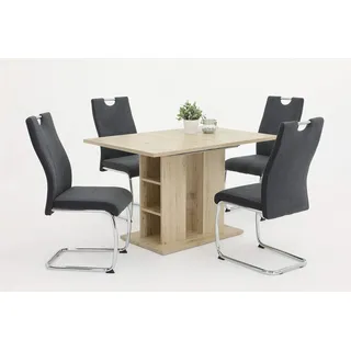 Hela Tische, 5-TLG Essgruppen Alina, Säulentisch Sanremo Eiche 120-180x80cm und 4x Schwingstuhl Anthrazit, Metallgestell Chrom