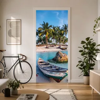Türtapete selbstklebend 90x200 Türposter Meer Fischerboot Strand Türfolie 3D Türaufkleber - Einteilig, Wasserfest, Mieterfreundlich (Holzboot tt43)