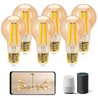 Aigostar Alexa Glühbirne E27 Edison Vintage Glühbirne 6W Retroglühbirnen LED A60 Smart Lampe Wlan Dimmbar 2700K-6500K, App Steuern Kompatibel mit Alexa und Google Assistant. Bernstein 6 Stücke