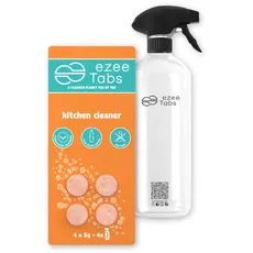 EzeeTabs Küchenreiniger Bundle – Reinigungstabs für ein mikroplastikfreies, biologisch abbaubares und veganes Putzmittel – 4 x Reiniger mit Fettlösekraft und 1 x wiederverwendbare Flasche