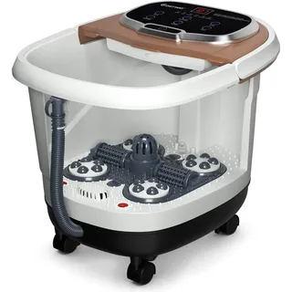 COSTWAY Fußbad mit Massagefunktion & Duschfunktion, 500W Elektrische Fußbadewanne mit Heizung, Max. 48°C, 10-60 Min Timer, Shiatsu- & Rollenmassage, Fußbad Massagegerät auf Rollen (Braun)