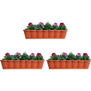 Blumenkasten Balkonkasten Pflanzkasten 3er Set 80 cm Terrakotta mit Untersetzer